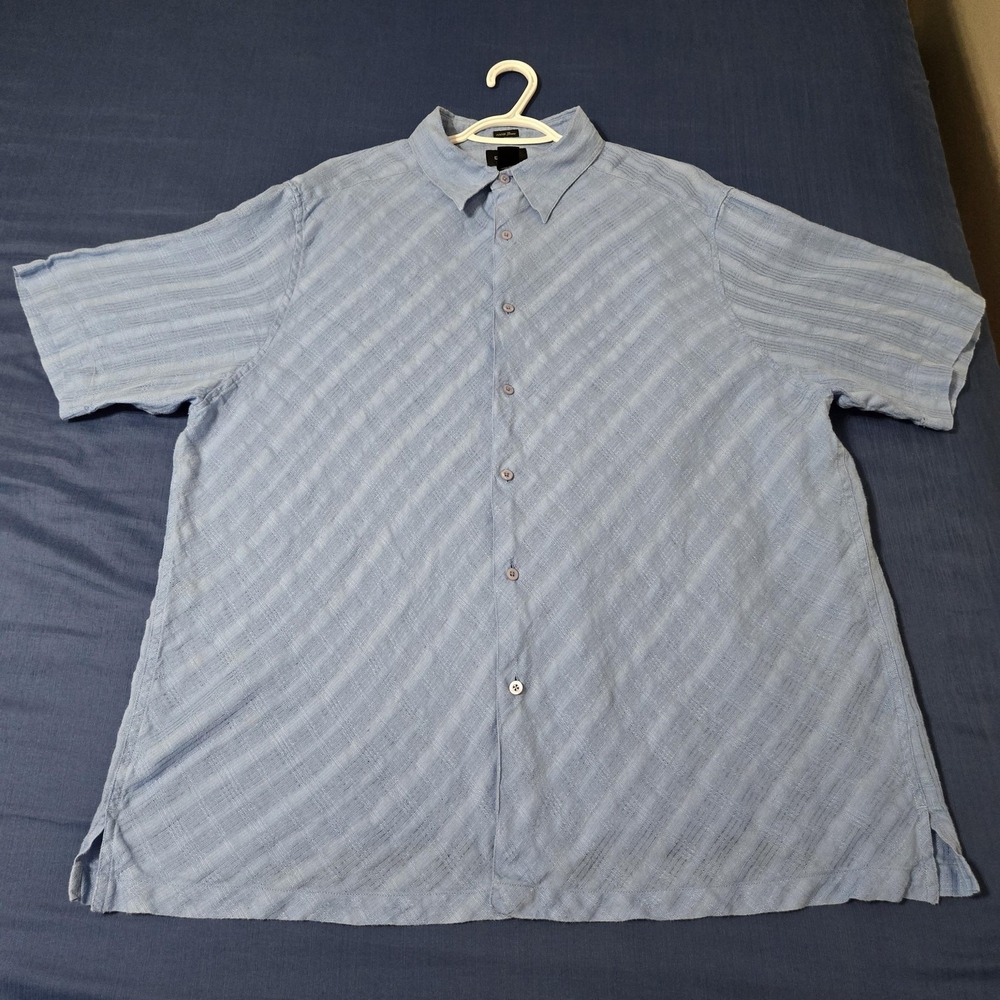 Claiborne Shirt Mens 2XL Blue 100% Linen Short Sleeve Band Collar Casual Summer